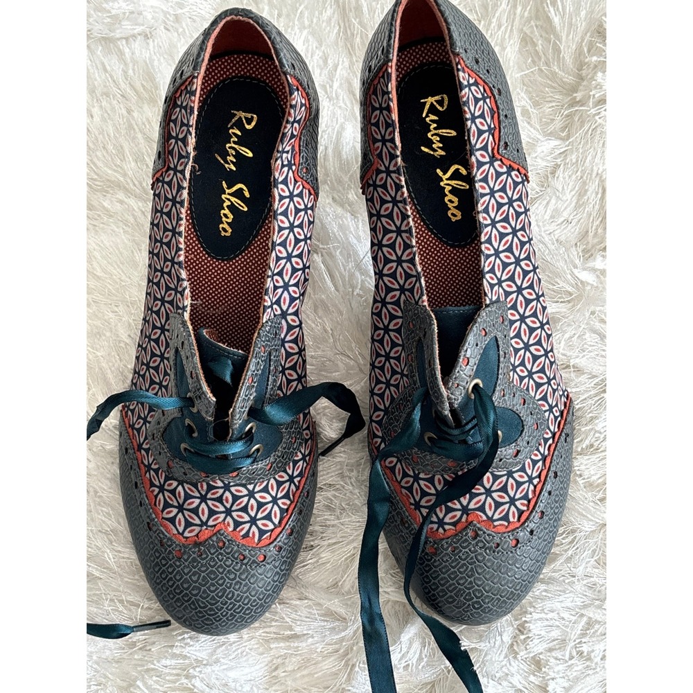 Ruby Shoo Womens Geometric Floral Lace Up Brogue Gray Lace Heels 38 whimsigoth